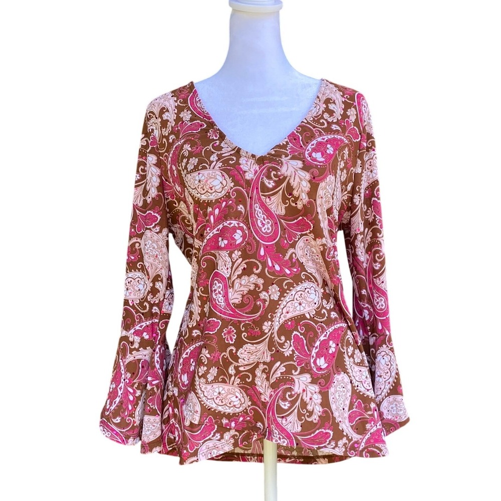 Vintage Y2K Paisley Sequin Bell‎ Sleeve Blouse Medium Hippie Boho Groovy McBling